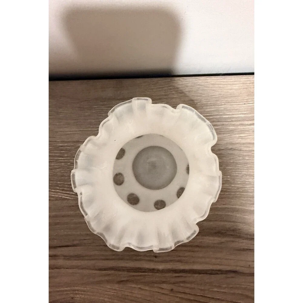 Vintage White Opalescent Coin Dot Glass Vase Ruffled Edge Art Glass Milk Glass